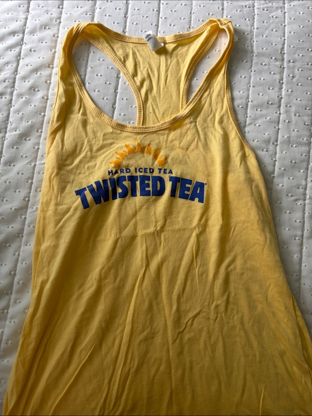 Twisted Yellow Racerback Tank with Blue Logo and Sun Graphic